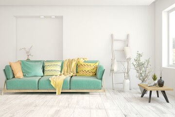 White living room with sofa. Scandinavian interior design. 3D illustration