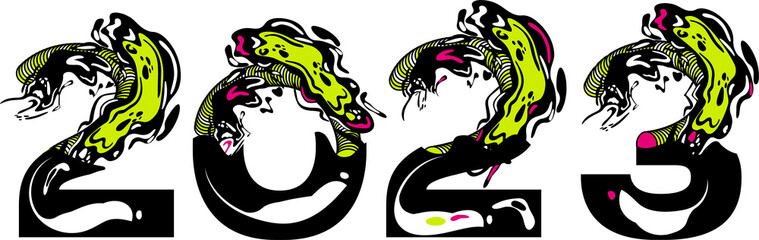 Decorative 2023 calendar header. Unusual experimental paint brush strokes