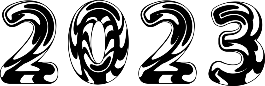 Sylized metal chrome liquid numbers 2023. 2023 Happy New Year