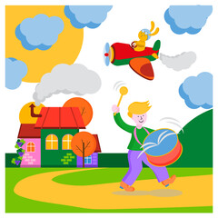 Obraz na płótnie Canvas Vector illustration: a rabbit is flying on a plane, a boy is beating a drum, there is a house in the distance.