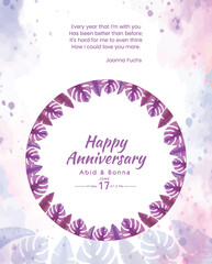 Light pink water drop background and tropical palm leaves anniversary card