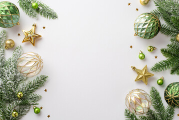Christmas decorations concept. Top view photo of gold and green baubles balls star ornaments...