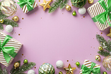 Christmas concept. Top view photo of gift boxes white gold transparent and green baubles star ornaments pine branches in snow and confetti on isolated purple background with empty space in the middle