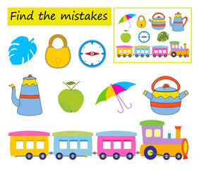Logic game for kids. Need to find the mistakes in the pictures. Visual intelligence. Vector illustration