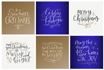 Christmas quotes and greeting phrases set on navy, gold and white background. Happy winter holiday messages and warm wishes. Elegant modern design with flourishes.