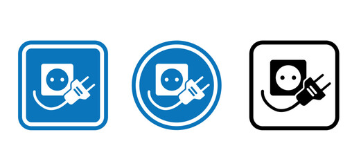 Cartoon electric plug. socket, electricity, power logo or symbol. Power plugs and cable sign. Socket plug adapter. Wire, cable of energy icon. 110, 220 or 230 voltage signboard. Blue background