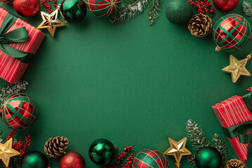 Christmas concept. Top view photo of gift boxes green red baubles gold star ornaments pine cones...