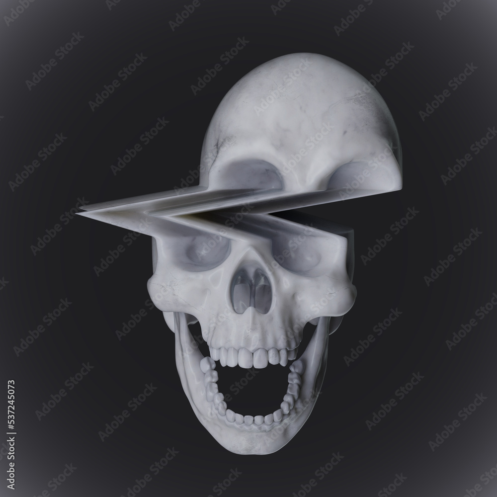 Poster digital illustration from 3d rendering of pixel stretched glitch deformed monochrome screaming skull