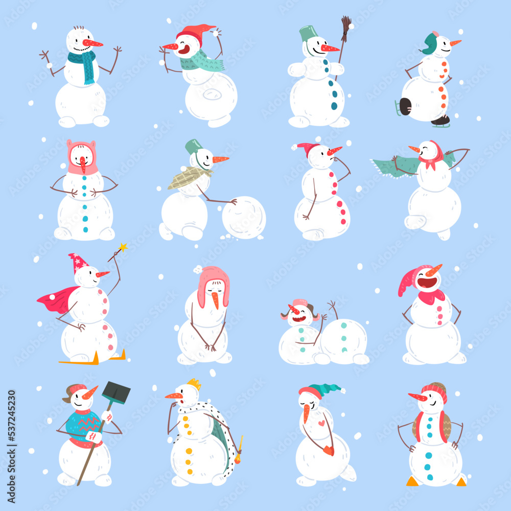 Poster white snowman character made of snow with hands and legs engaged in different activity vector set