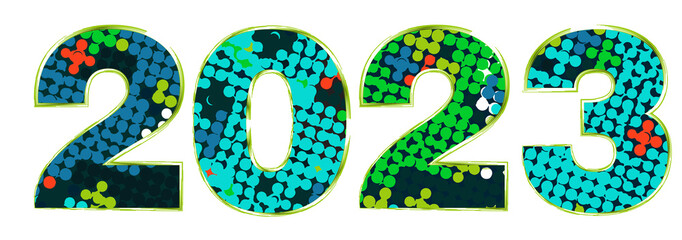 2023 New Year. Color Halftone dotted grunge decorative numbers.