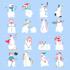 White Snowman Character Made of Snow with Hands and Legs Engaged in Different Activity Vector Set