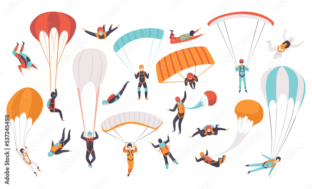 Poster man character skydiving falling down with parachute and paragliding big vector set