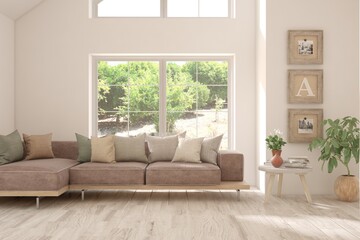 Fototapeta premium White living room with sofa and summer landscape in window. Scandinavian interior design. 3D illustration