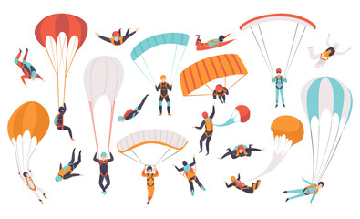 Man Character Skydiving Falling Down with Parachute and Paragliding Big Vector Set