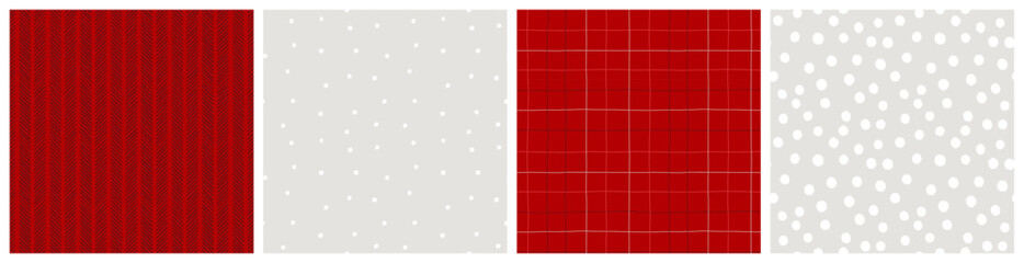 Cozy winter print set. Red and white plaid, snow spot and herringbone seamless pattern collection for Christmas poster background, textile or decorative wrapping paper. 