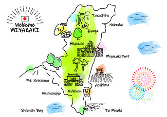 手描きの宮崎県の観光地のシンプル線画イラストマップ