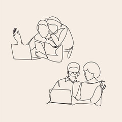 Elderly couple in continuous line art drawing style. Romantic elderly couple dancing. Old grandfather and grandmother. Continuous one line drawing. Happy grandparents isolated on white background.
