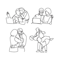 Elderly couple in continuous line art drawing style. Senior man and woman walking together holding hands. Minimalist black linear sketch isolated on white background. Vector illustration