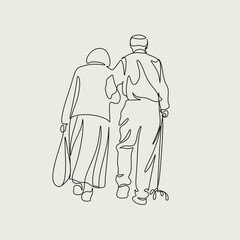 Elderly couple in continuous line art drawing style. Senior man and woman walking together holding hands. Minimalist black linear sketch isolated on white background. Vector illustration