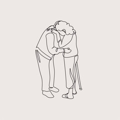 Elderly couple in continuous line art drawing style. Senior man and woman walking together holding hands. Minimalist black linear sketch isolated on white background. Vector illustration