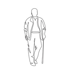 Elderly overweight man with stick. Continuous one line drawing. Vector illustration. Continuous one line drawing of full length profile of a senior man walking with a cane Minimal outline concept.