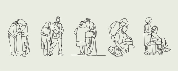 Fototapeta premium Elderly couple in continuous line art drawing style. Senior man and woman walking together holding hands. Minimalist black linear sketch isolated on white background. Vector illustration