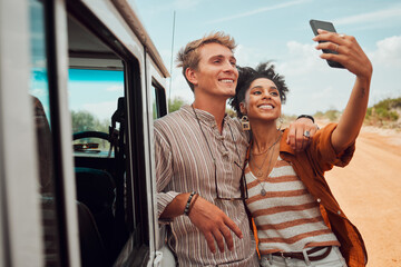 Couple, phone selfie and safari travel on game drive in nature environment, sand desert or dry...