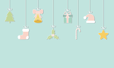 Cute vintage Christmas New Year card banner in pastel colors with ornaments hanging on string. Retro style holiday poster template with copy space