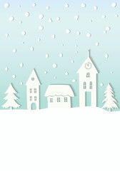 Fototapeta premium Christmas New Year card banner with doodle rural houses forest trees falling snow. Cozy winter scene illustration in vintage style