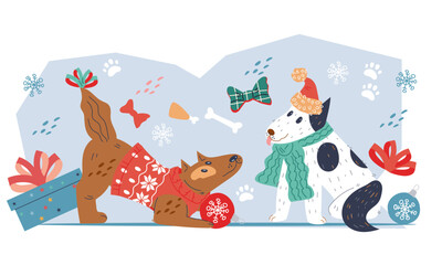 Christmas and New Year banner or greeting poster mockup with funny dogs. Christmas background with cute dogs pets flat cartoon vector illustration isolated on white.
