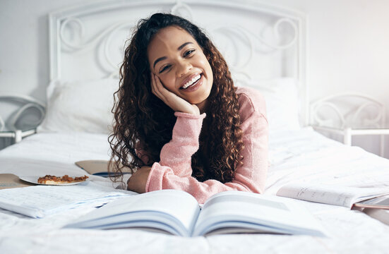 Portrait College Student Studying In Bedroom With Research Notebooks, Exam Reading And Education Project At Home. Happy Woman, Young Girl And Academic School Learning Of Knowledge In Campus Dormitory