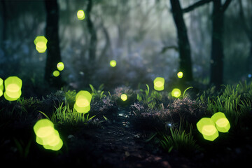 Abstract and Magical Image of Firefly Flying in the Night Forest.