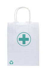 White paper bag with a green Pharmacy and Recyclable logos. Isolated on white background