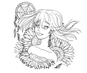 vector coloring page with cute cartoon anime girl. avatar, line art