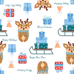Vector seamless pattern with reindeer and sleigh with gifts. Festive pattern for New Year or Christmas