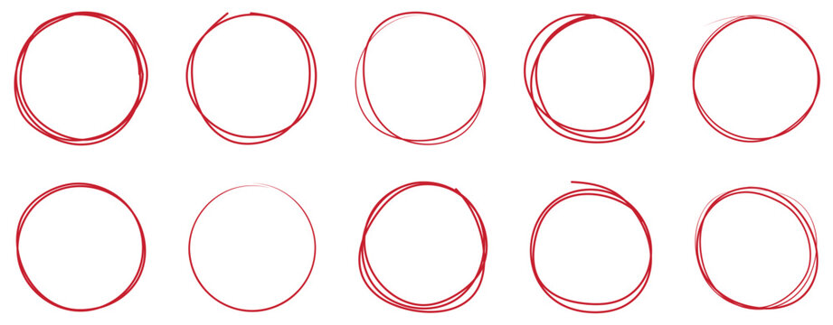 Hand Drawning Red Circle Line Sketch Set. Vector Illustration