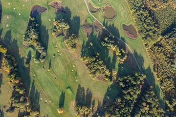 Aerial view of a big golf course, beautiful green grass, field and trees in autumn