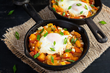 Shakshouka in frying pan. Fried eggs with vegetables, tomato, pepper, pumpkin and onion