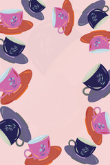 Frame or border design of copper red, super pink, space cadet, dark blue gray color tea cup and saucer with tea kettle on queen piggy background. colorful and creative design for  greeting card,frame.