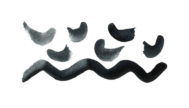 Watercolor waves for Black Friday. Illustration for banners, labels, backgrounds, brushes. Black Paintink texture. Hand drawn illustration on transparent.