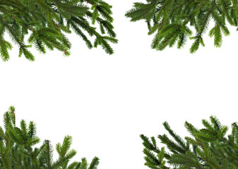 Natural green Christmas tree branches framery with blank copyspace isolated, use horizontal or...