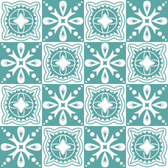 Blue seamless pattern for ceramic tiles in spanish portuguese retro style, blue white pastel vector illustration eps square