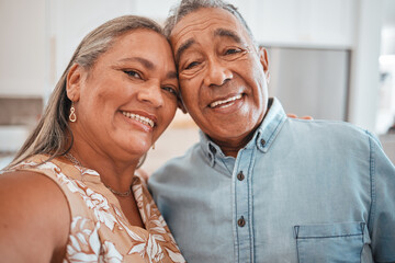 Smile, selfie and happy old couple love bonding in a peaceful marriage commitment at home. Senior...