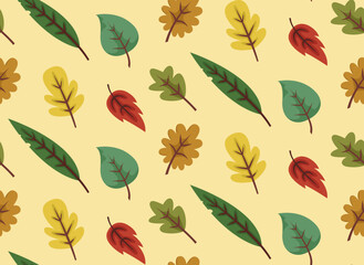 Seamless pattern with different leaves. Beautiful nature texture in cartoon style.