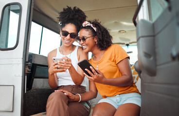 Black friends, phone and social media travel in communication together for road trip adventure....