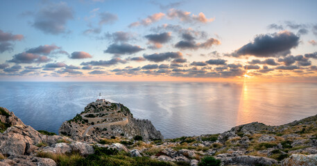 Panorama of lighthouse at dawn, Cap de Formentor, Mallorca, Spain
