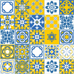 Azulejo spanish portuguese square tiles, vector illustration for wall decoration, yellow blue white color