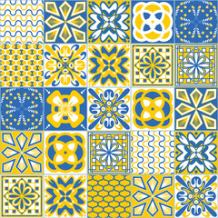 Azulejo tiles spanish traditional pattern, blue yellow traditional vintage background, vector illustration