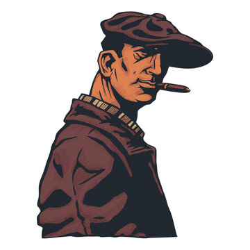 Male gangster with a cigar in a cap, a retro character from the 1930s. Hand drawn cartoon character, PNG.