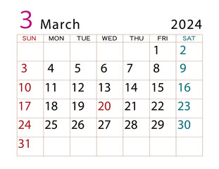 2024年カレンダー　3月	
